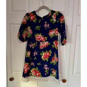 My Michelle Girls Navy Floral Lace Trim Dress Size 16 Flutter Sleeve
